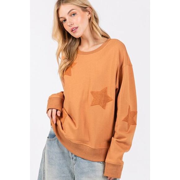 SAGE + FIG Star Patch Long Sleeves Round neck Relaxed Fit Sweatshirt | Cinnamon - Picture 2 of 6